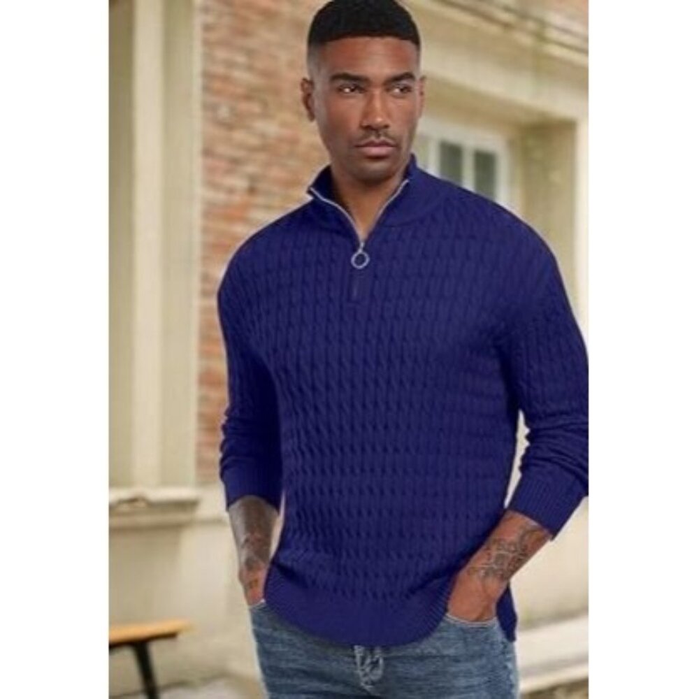 Royal Blue Ribbed Knit Pullover With Quarter Zip & Geometric Texture Design S